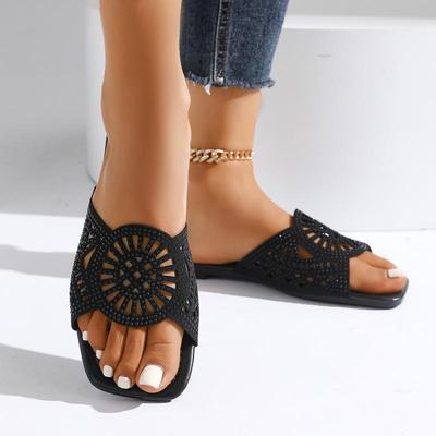 Böhmische ausgeschnittene atmungsaktive Pantoletten Damen Sommer einfarbig schwarz Glitzer flacher Absatz Hausschuhe elegant eckige Zehensandalen Größe 43
