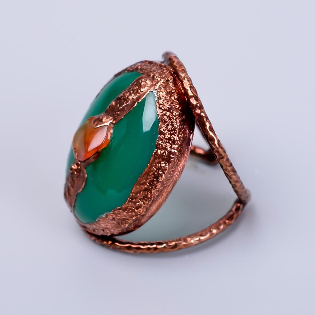 Oval Green Chalcedony Gemstone Eternity Electroformed Boho Ring Jewelry Copper V-62