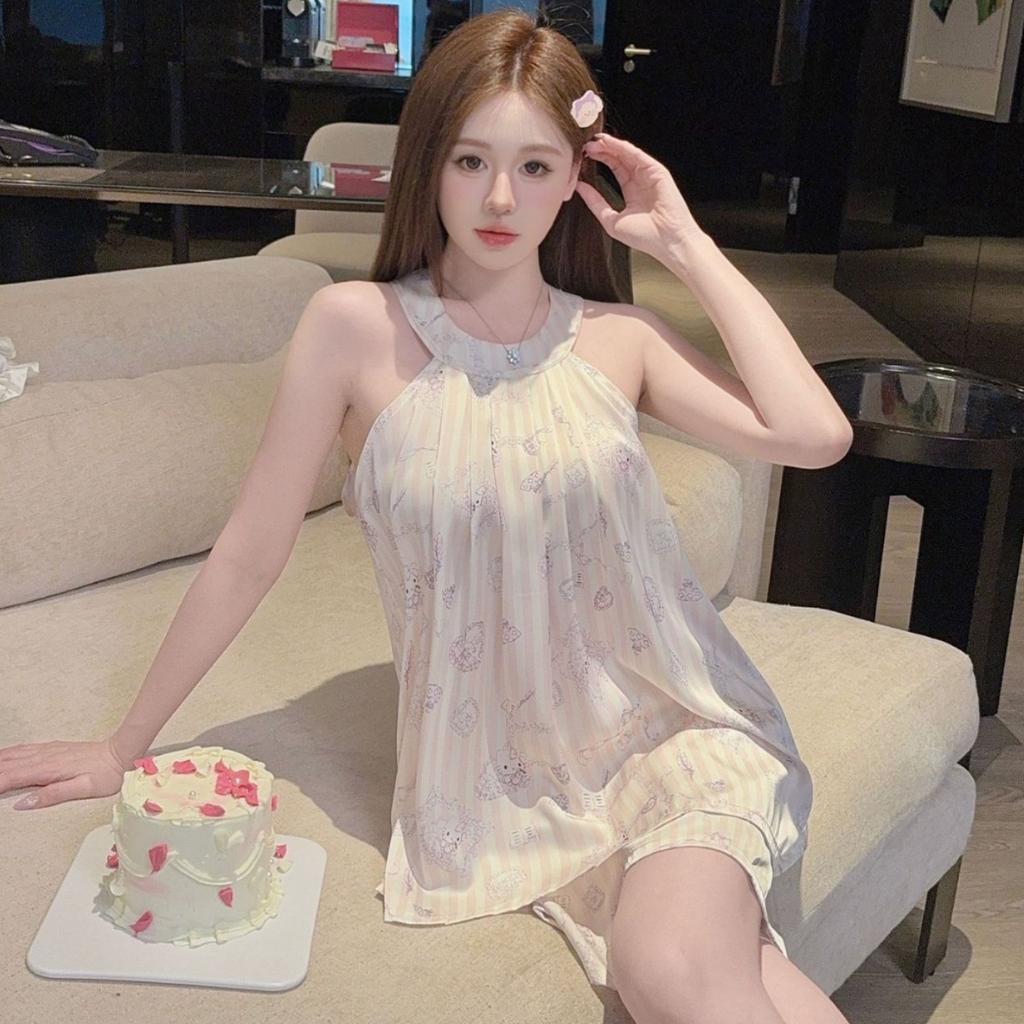 Popular summer new neck sleeveless loungewear cartoon butterfly can wear ice silk pajamas women