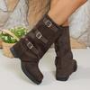 Belt Buckle Mid-leg Boots Autumn and Winter New Square Toe Suede Sleeve Block Heel Women's Shoes