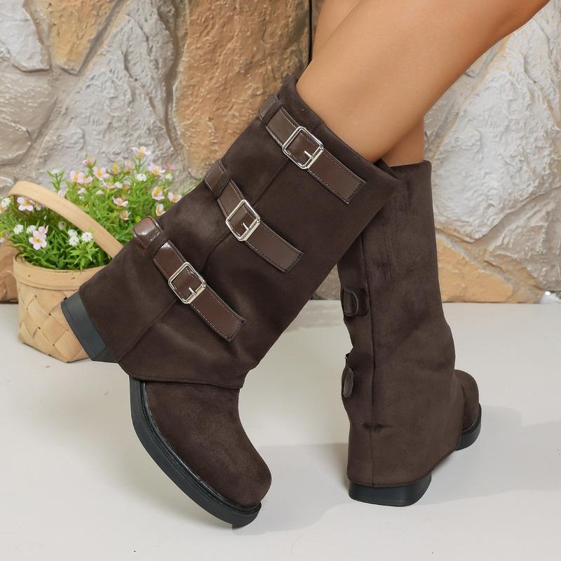 Belt Buckle Mid-leg Boots Autumn and Winter New Square Toe Suede Sleeve Block Heel Women's Shoes