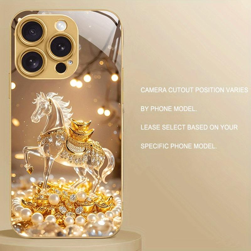 Crystal Golden Horse Pearl Ingot Metallic Paint Glass Phone Case For iPhone 17 16 15 14 13 12 11 Pro Max Plus 17 Air 16E Cover