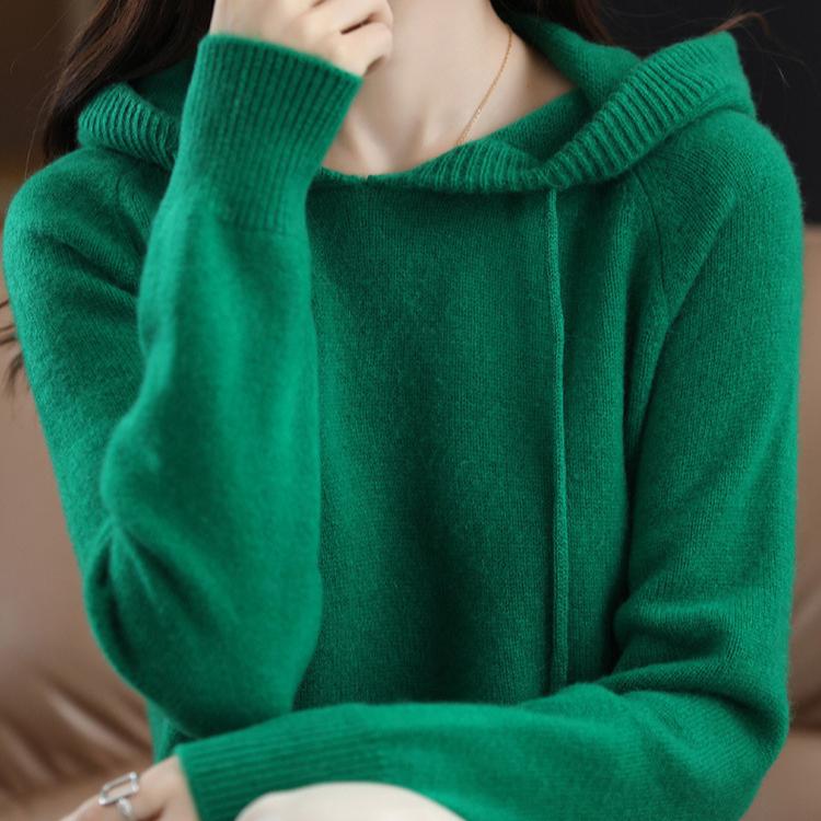

Трикотаж с капюшоном Женский однотонный трикотаж Свободный свитер с капюшоном Однотонный базовый свитер Повседневный свитер Осень/Зима XXL зелёный