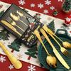 Ensemble de 4 pièces Couteau, Fourchette, Cuillère en Acier Inoxydable Éléments de Noël Poignée Laser pour Maison Pique-nique Bricolage Restaurant Cadeau