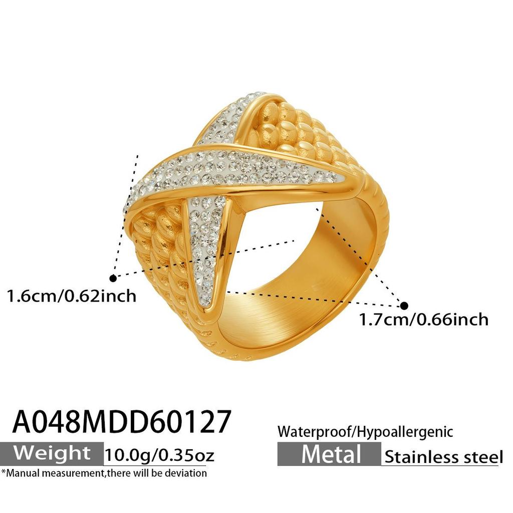 Luxury Retro Diamond X-Shaped Ring: Stainless Steel, Square Pattern, Fashionable & Versatile