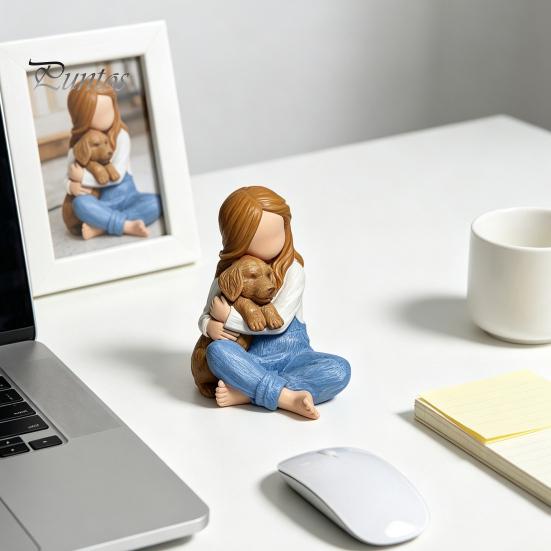 Handcrafted Resin Statues Faceless Girl Hugging Puppy Figurine, Miniature Statue, Cute Desktop Sculpture Ornament Affectionate Home Decor Pieces