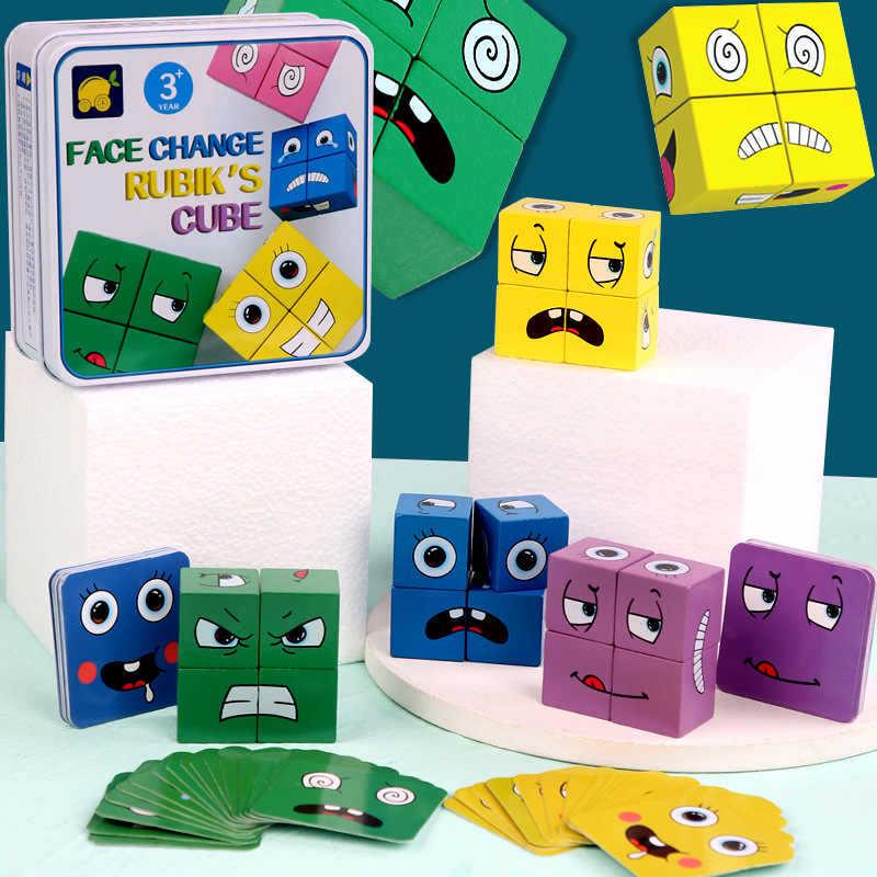 Face-Changing Rubik's Cube Blocks: Educational Wooden Game for Kids, Parent-Child Interaction, Kindergarten & Tabletop Fun.