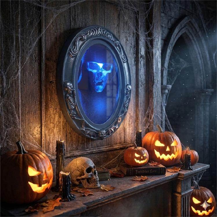 Event Room Halloween Mirror Decoration with Lighted Center, Detailed Frame, and Hanging Display for Shelf Styling Indoors