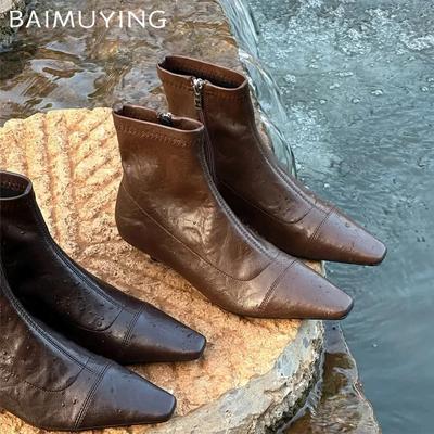 Women Ankle Boots Pointed Toe Mid Heels Leather Shoes Woman Trend Winter New Goth Punk Pumps Gladiator Snow Chelsea Botas