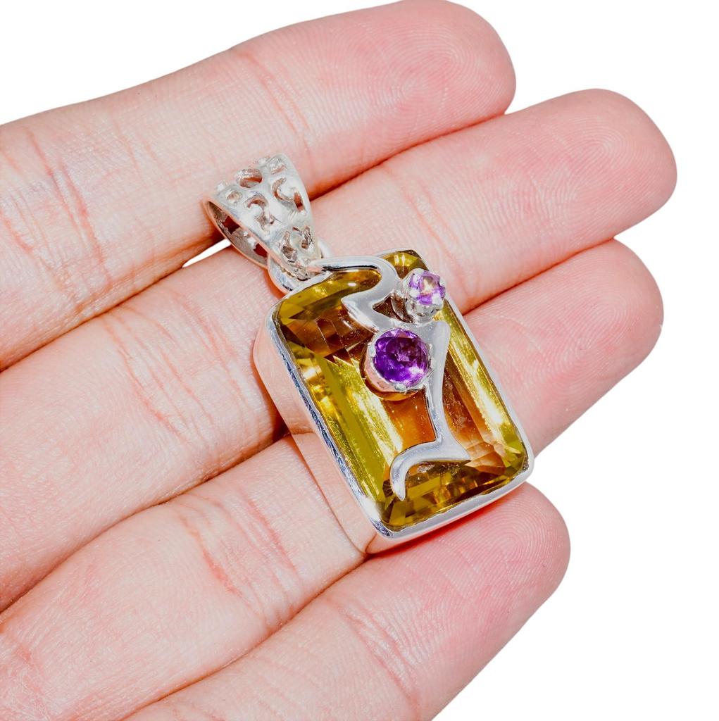 Lemon quartz & amethyst handmade pendant, 92.5% sterling silver pendant for her, women designer pendant
