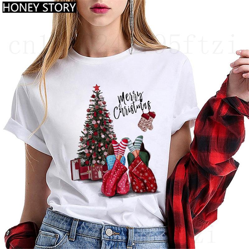 Fashion Cartoon Christmas Tree Graphic Women T-Shirts Summer Short Sleeve O-Neck Female Tops Streetwear Y2K Clothing