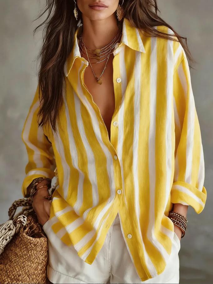 Amazon European and American cross-border women's clothing striped printing temperament commuting lazy style casual loose lapel long-sleeved shirt