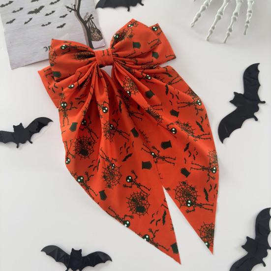 Festive Halloween Hair Accessory Bow Spring Clips for Women, Pumpkin Skeleton Ghost Hand Printed Clip Fabric Barrettes, Cute Horror Accessories