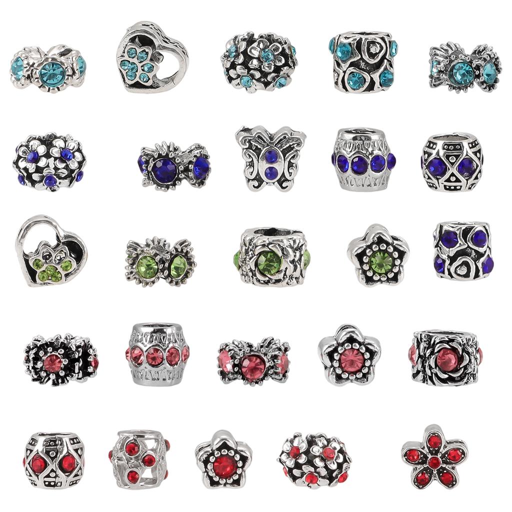 10pcs Colorful Antique Silver Rhinestone Spacer Beads Large-Hole Crystal Glass European-Style Beads for DIY Snake Chain Jewelry