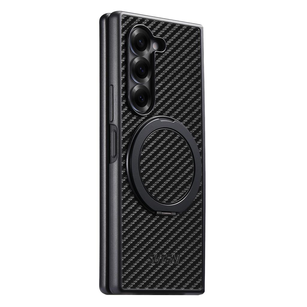 SUTENI G3 For Samsung Galaxy Z Fold6 5G Magnetic Case Rotating Kickstand Carbon Fiber Texture Leather Phone Back Cover