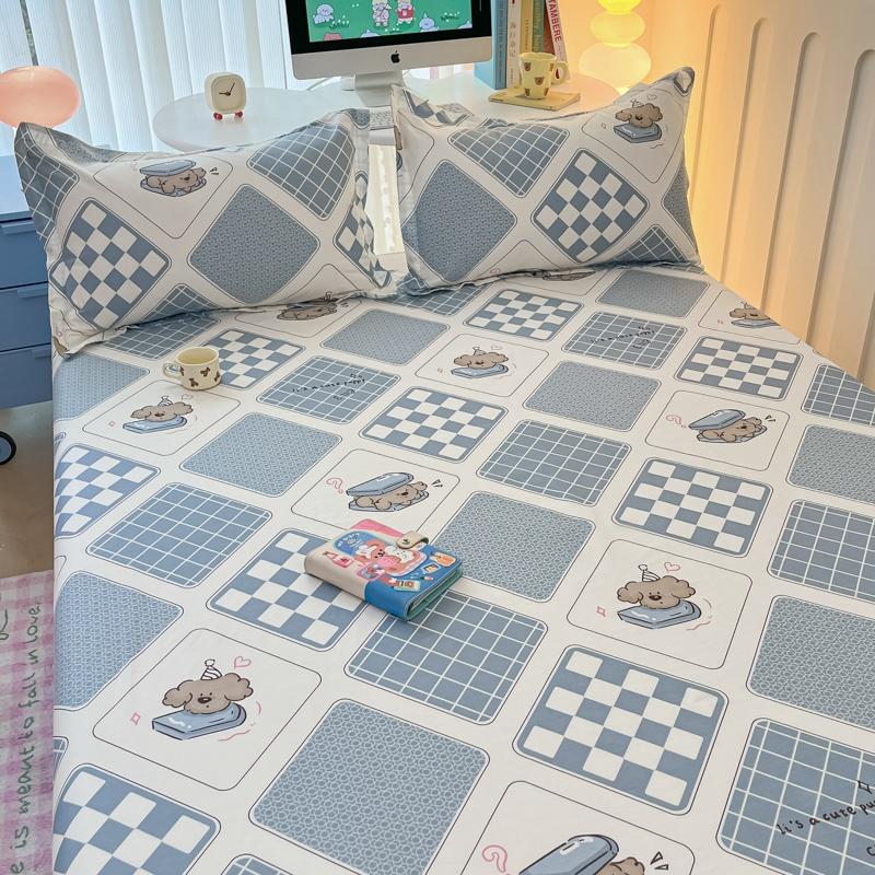 Modern Geometric Plaid Pattern Bed Sheet Set Cute Puppy Printed 100% Cotton Bed Sheets with 2 Pillowcases Home Bedding Set