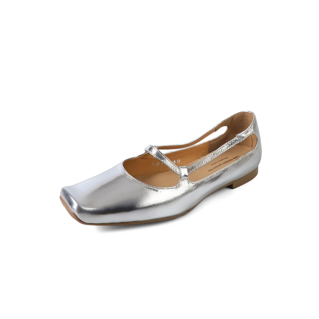 Mary Jane Serie~ einfarbige silberne kleine Einzelschuhe, flache Schuhe mit leichtem Ausschnitt und eckiger Spitze, Damenschuhe einer Nischenmarke für Frühling 2025