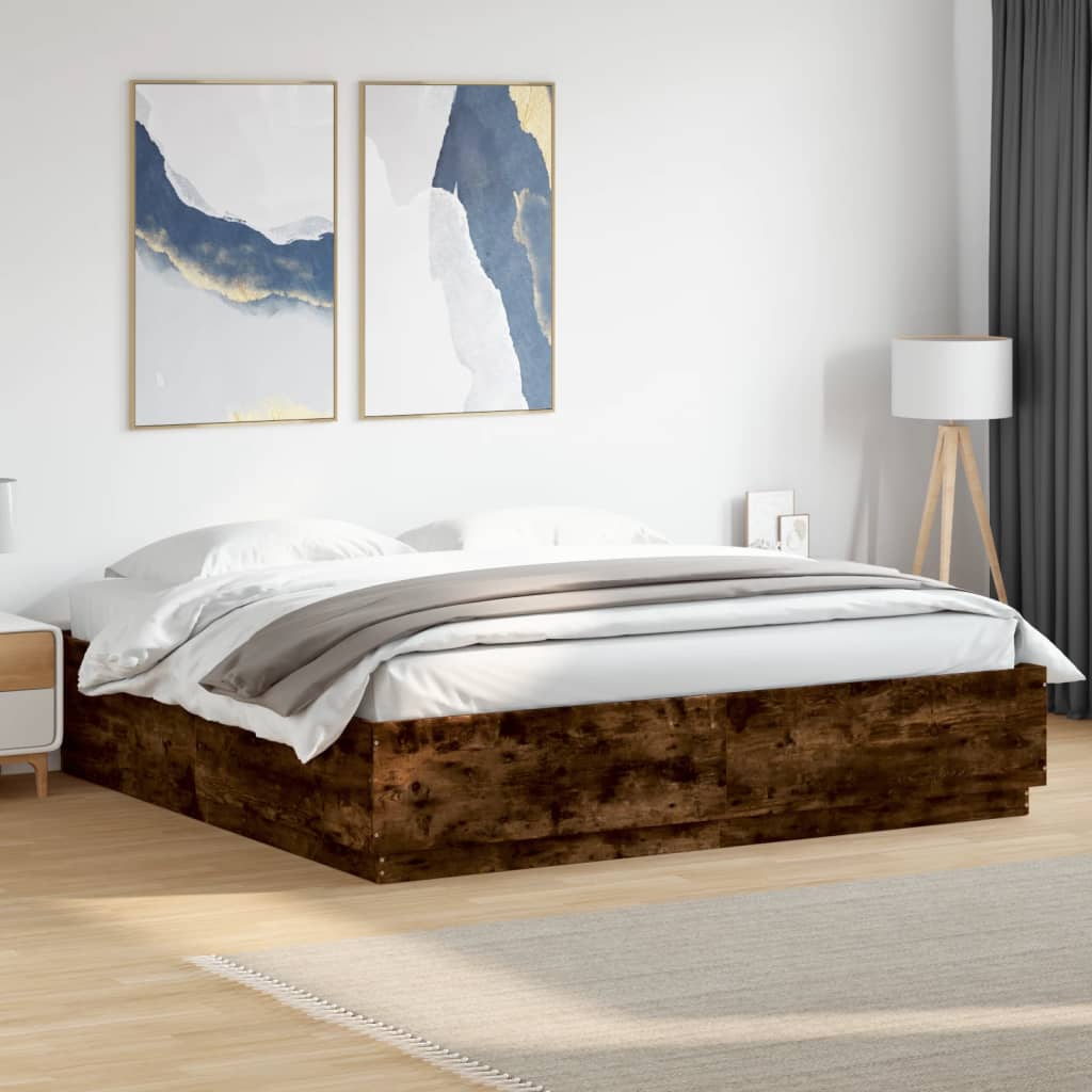 LED Bed Frame In Smoked Oak 200x200 Cm Engineered Wood