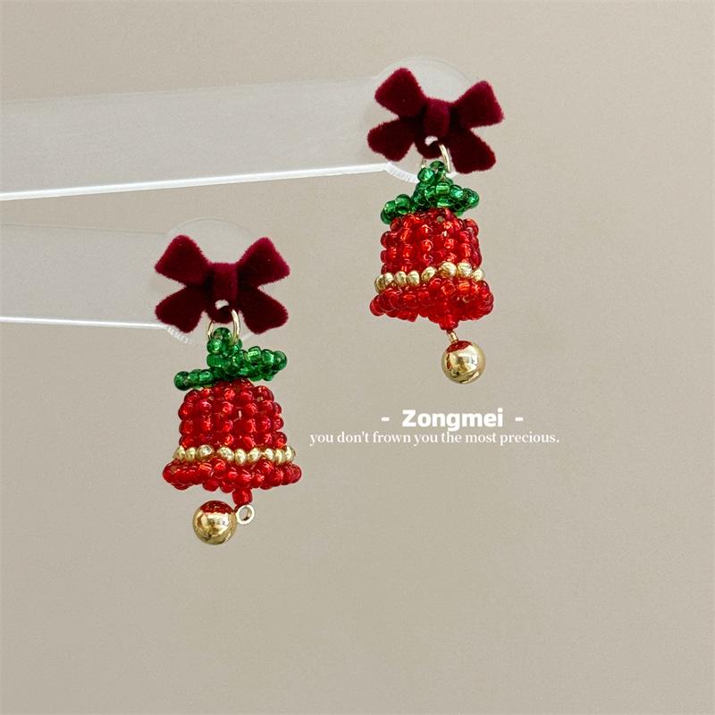 3D Christmas Tree Earrings with Red Bow - Heavy Beaded Crystal Ear Clips, Hand-Woven Holiday Accessories