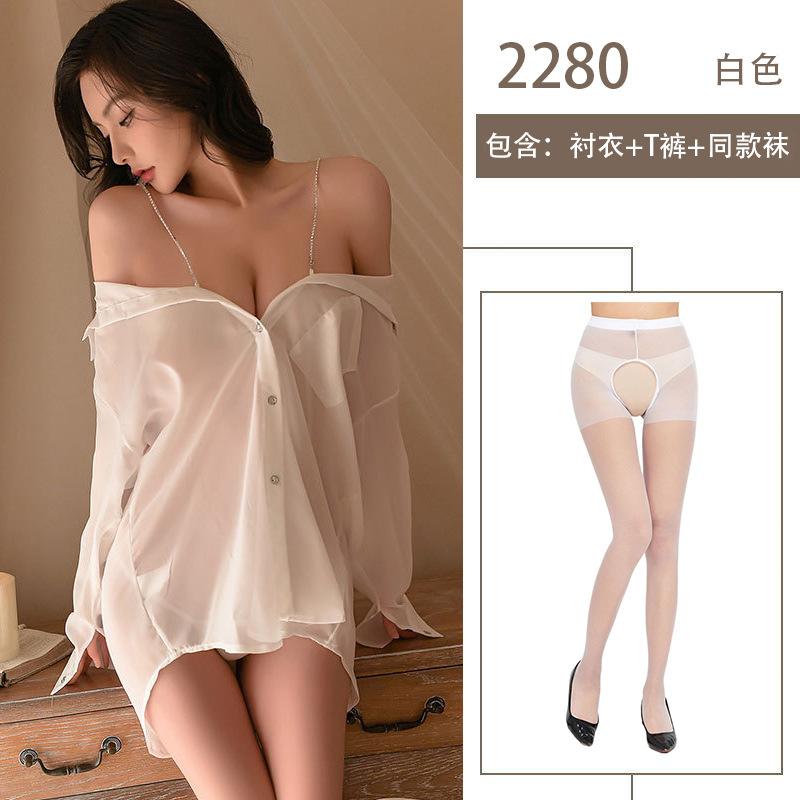 Loose Boyfriend Shirt Chiffon Transparent Off-the-shoulder Erotic Underwear Pure Desire Premium Suspender Bed Flirting