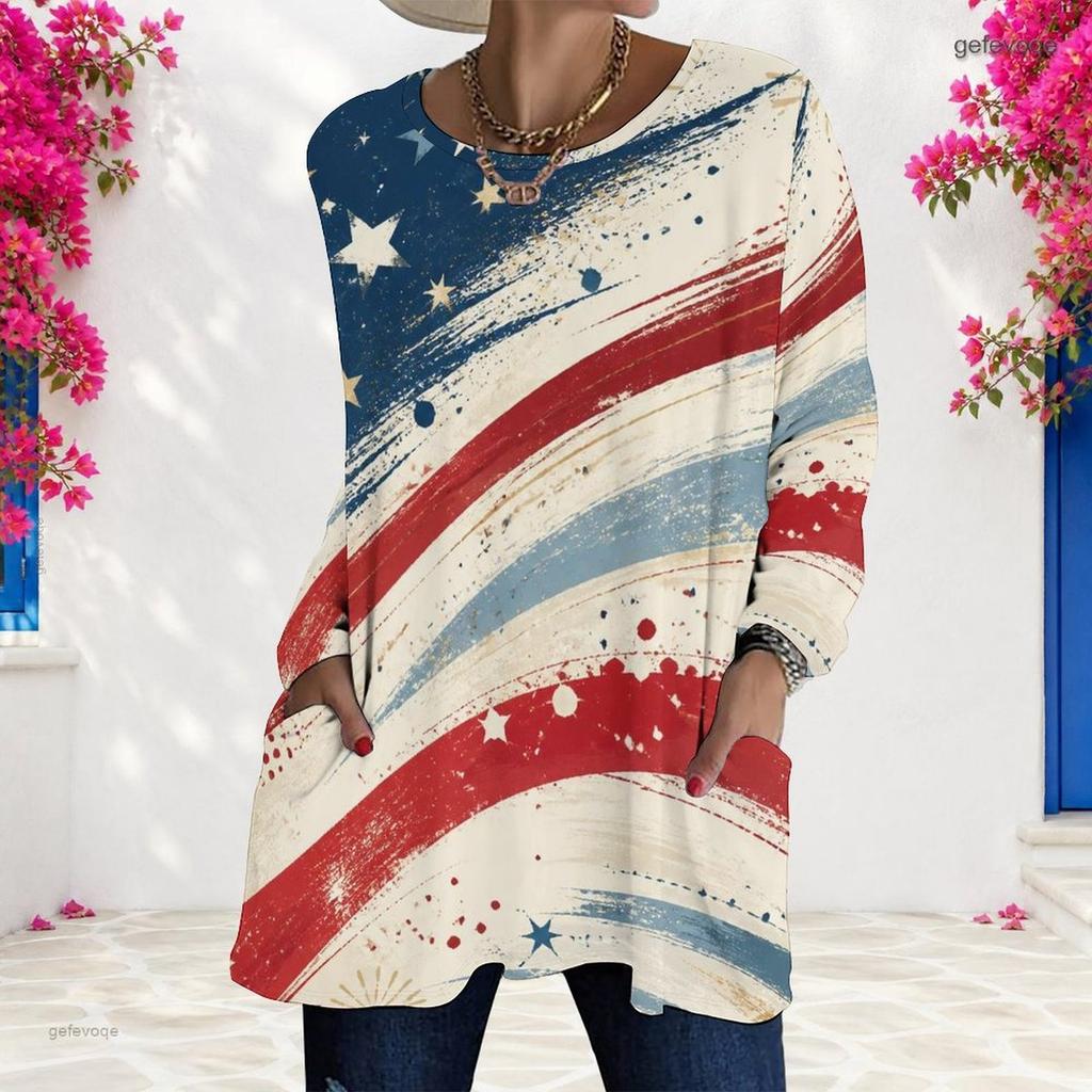 Ladies Plus Size Long Sleeve Pocket Tee Loose Relaxed Casual Everyday Leisure Blouse