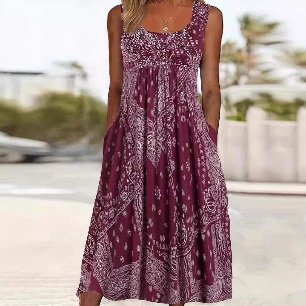 Retro Print Sleeveless Summer Dress with Pockets - Loose Fit Holiday Style