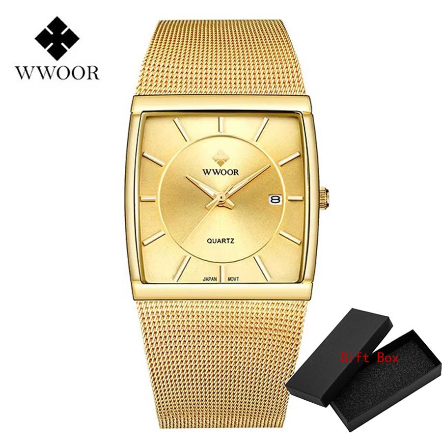 Wwoor Brand Luxury Gold Men Square Japan Quartz Slim Mesh Steel Waterproof Sports Automatic Date Wrist Watches Relogio Masculino