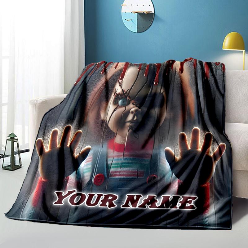 1PC Custom Name Horror Movie Poster flannel blanket versatile,all-season throw suitable for the living room,bedroom,camping,travel,and gift