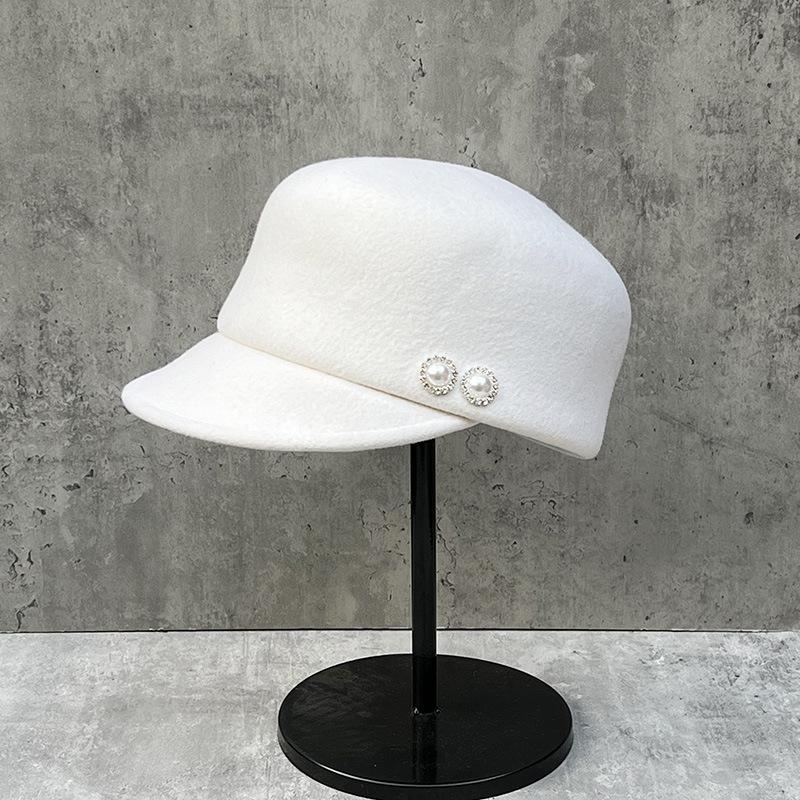 Xiaoxiang Style Pearl Wool Equestrian Hat Female Autumn And Winter Korean Beret British Newsboy Knight Top Hat