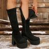 Fashion Shoes Female 2024 Fashion Side Zipper Women's Boots Winter Round Toe Suede Solid High Tube Platform Chunky Heels Women's Boots