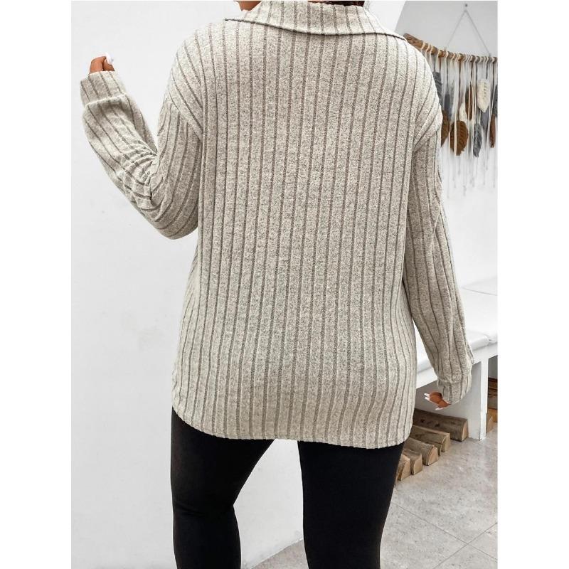 Autumn Winter Solid Color Plus Size Women's Top V-neck Long Sleeved Pit Stripe Brushed T-shirt Loose Fit