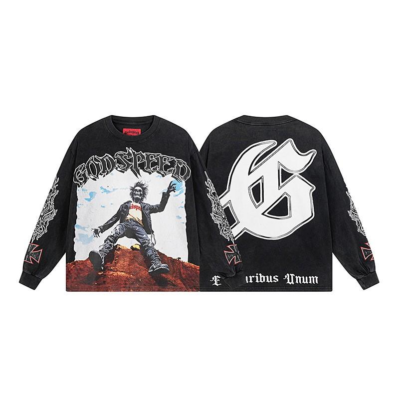 Mens Oversized Cotton Long Sleeve Tee With Skull Graphic Print Streetwear Rock Band Style Loose Fit Teens Adults
