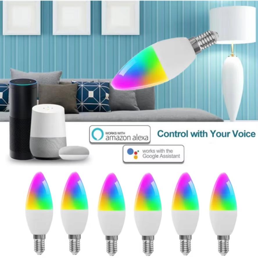 Intelligent Candle Lamp Wifi Light Bulb E14 RGB+CW+WW 5W Tuya Smart Life APP Voice Control Compatible Alexa Google Home Dimmable