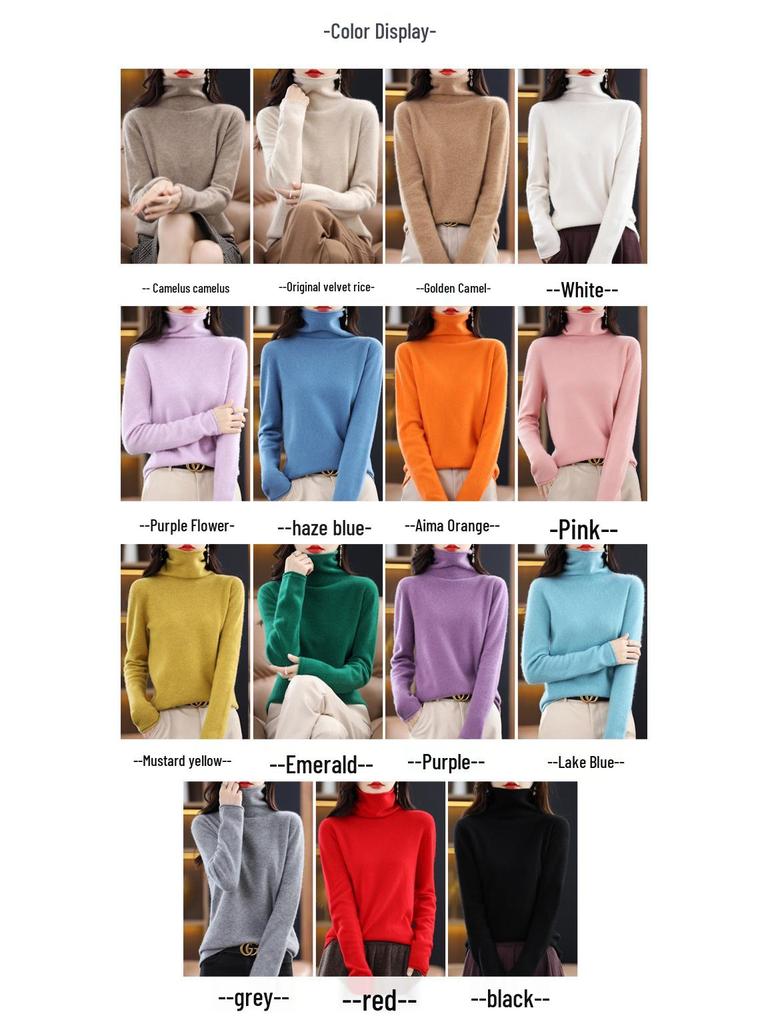 Women's Cowl Neck Wool Sweater: Slimming Autumn/Winter Cashmere Knit Base Layer, Long Sleeve.