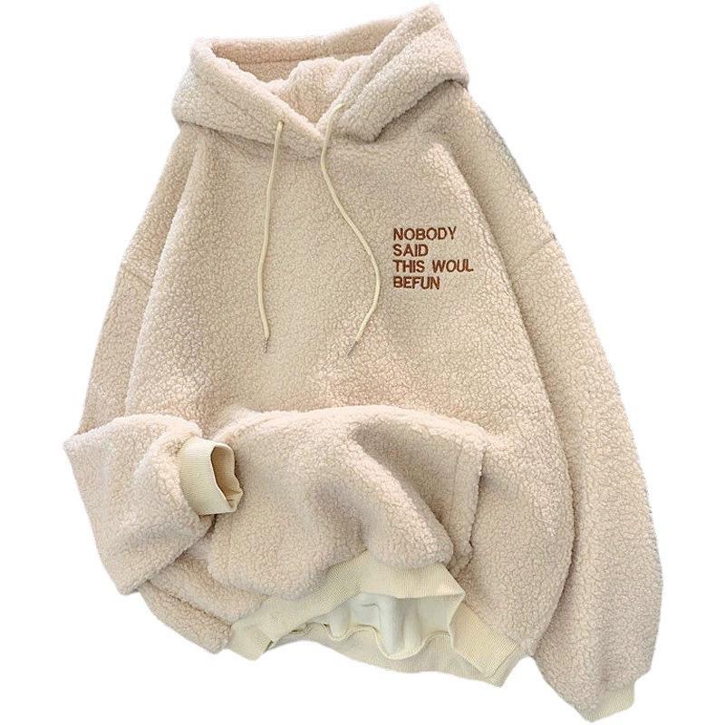Lamb Fleece Hoodie for Women, Korean Version, Trendy Student, Loose and Lazy Style, Autumn and Winter with Thick Fleece and Hooded Top, Jacket