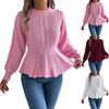 Women's Fashion Casual Round Neck Long Sleeve Knitted Top Solid Color Cable Knit Waist Cinched Ruffled Pullover Sweater
