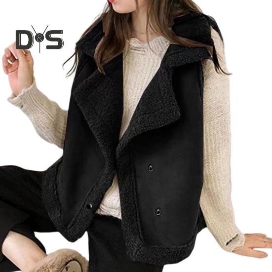 Women Waistcoat Sleeveless Lapel Double-Breasted Short Style Solid Color Casual Cardigan Thickened Velvet Lining Vest Coat