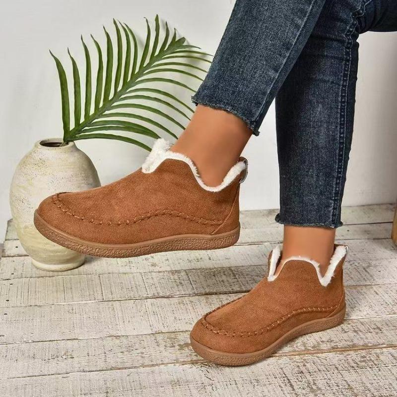 Velvet Warm Flat Soled Round Toe Cotton Shoes Snow Boots For Women Wide Width Slip On Women'S Fashionable Zippered Low Boot