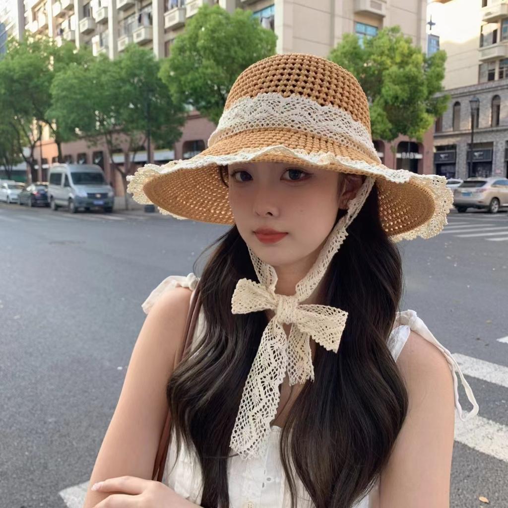 Sweet bow embroidered straw hat women's seaside vacation fisherman's hat children's summer hollow breathable straw visor