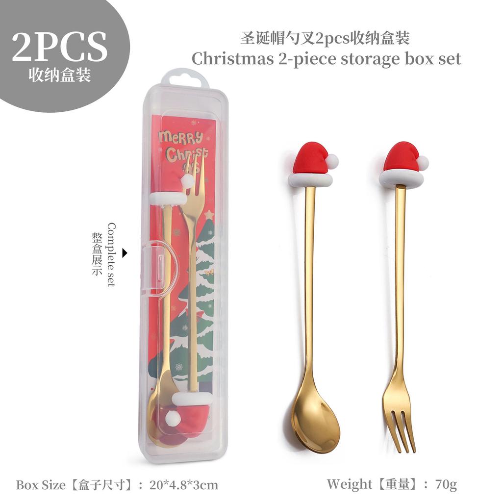Christmas Fork Spoon Set, Dessert Coffee Spoon Fruit Fork Christmas Doll Tableware Gift Box