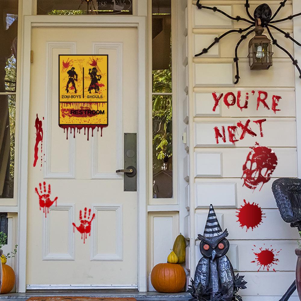 Cross-border Halloween Sticker Blood Print Door and Window Wall Sticker Blood Footprint Ghost Axe Prop Window Sticker Party Decoration Waterproof