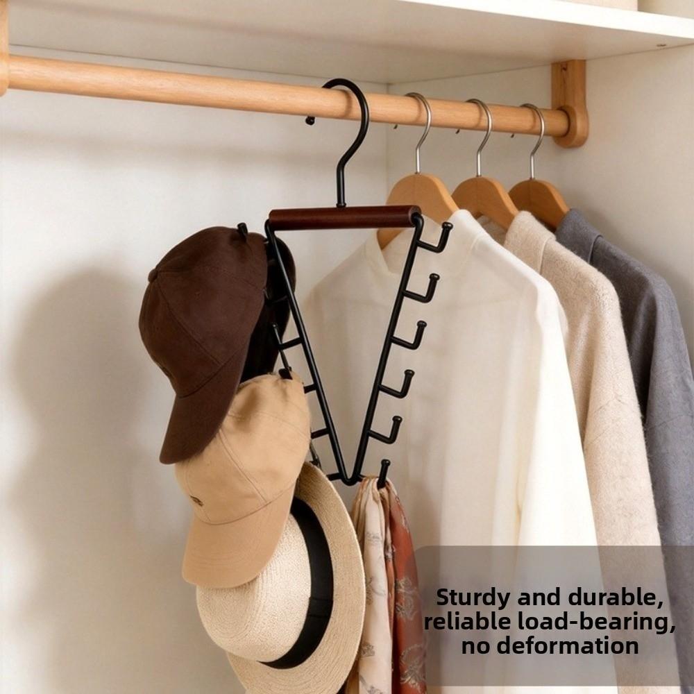 12 Hooks Clothes Storage Hangers’ Wood Handle Triangular Metal V-Shape Hook Anti-Slip Thick Hooks Dorm Storage Hanger