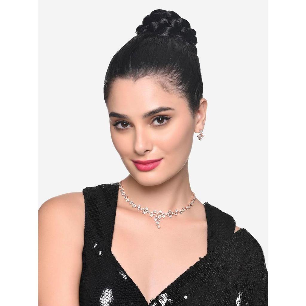 Rose Dazzling Cubic Zirconia Floral Brass Necklace & Earring Set For Women