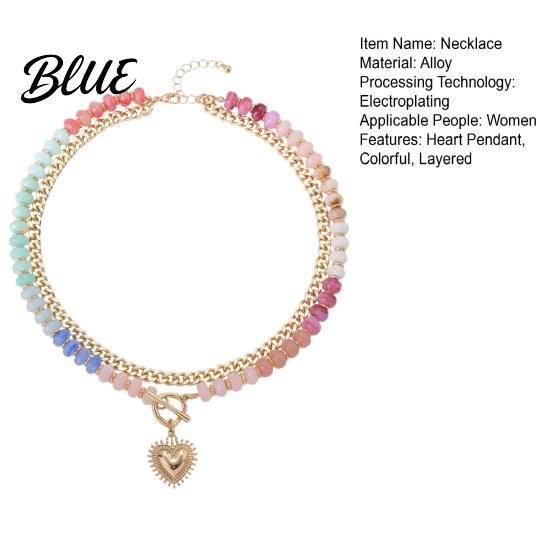 Colorful Bead Necklace Beaded Layered Women Heart Pendant Choker Lead-free