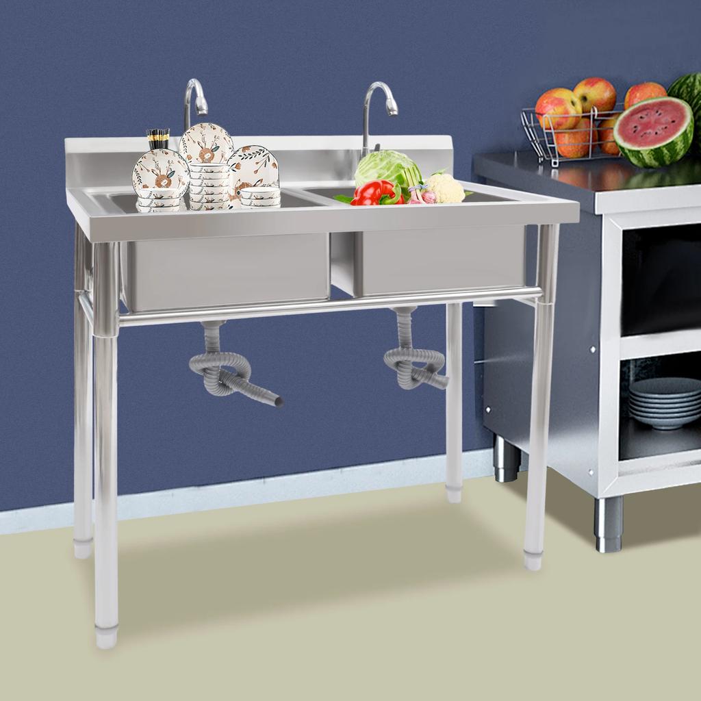 Commercial 2-Compartment Stainless Steel Utility Sink with Faucet- Free Standing Kitchen Sink for Restaurant, Garage & Laundry