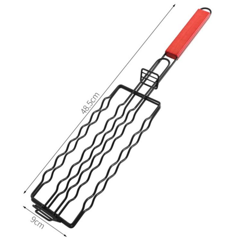 Roasting Rack Multifunctional Foldable Stainless Steel Barbecue Grill Portable Basket Type BBQ Holder Cage with Wooden Handle