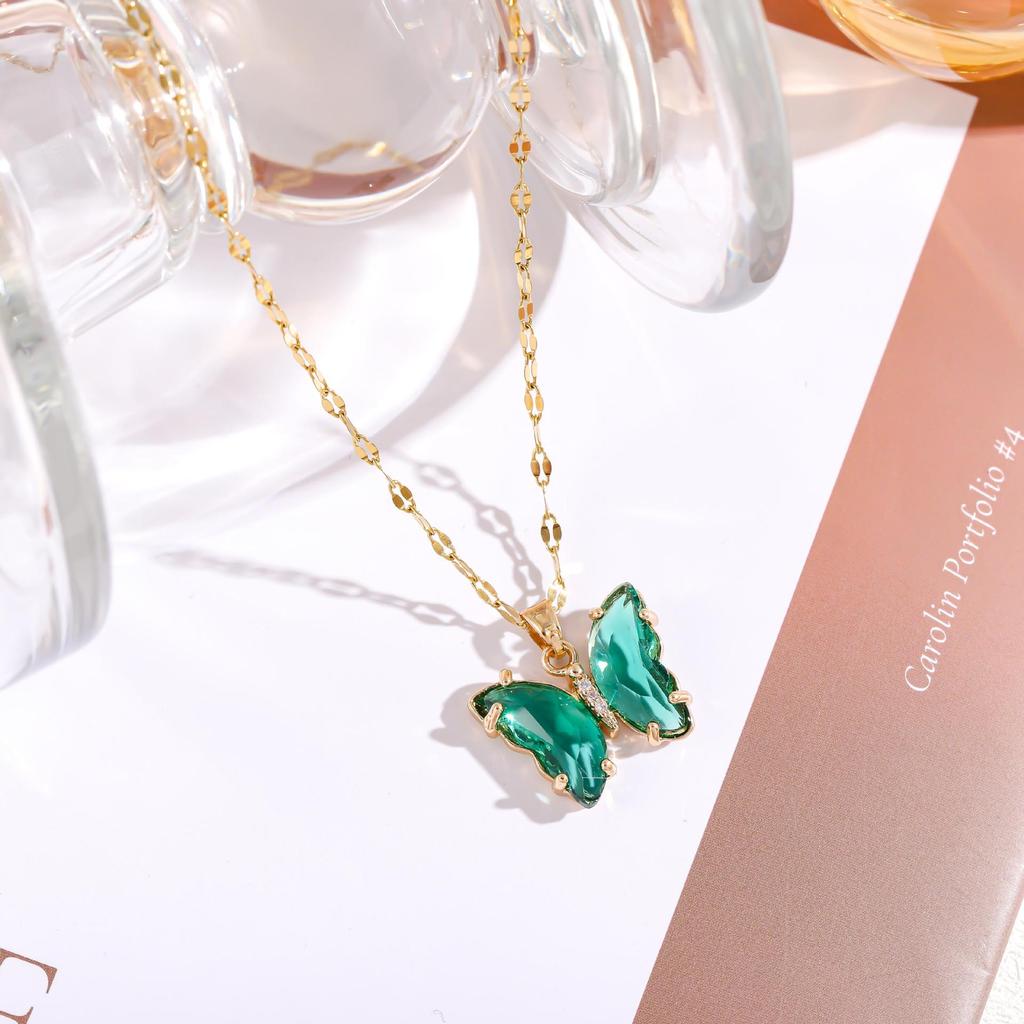 Iridescent Gradient Butterfly Necklace with Zirconia Rhinestones - Titanium Steel Clavicle Chain Pendant.