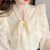 French Bowknot Lace Chiffon Shirt Spring Autumn Women's Shirt Fashion Versatile Ruffle Backing Shirt Top
