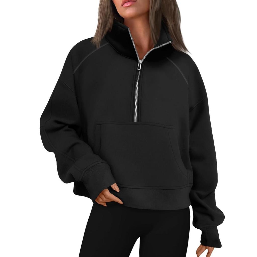 Women's Stand Collar Plus Fleece Solid Color Hoodie Long Sleeve Pocket Loose Half Zip Pullover Hoodie Top