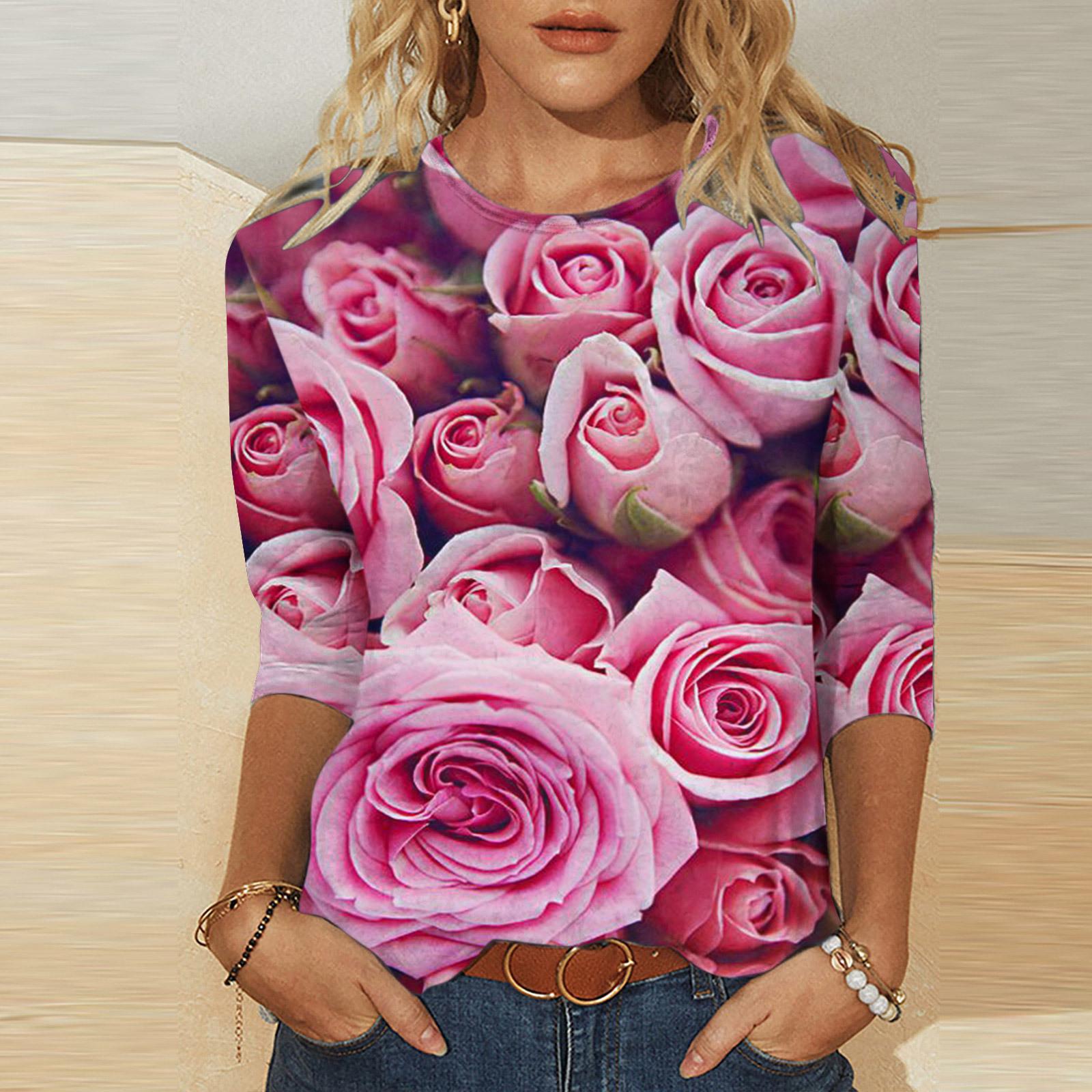 

Round Neck 3D Printed Romantic Flower Pattern Top Fashionable Casual Long Sleeved Women s T-shirts M